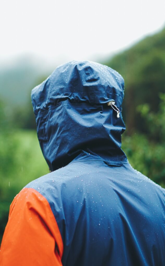 Hiker in a blue and orange hooded jacket, seen from behind